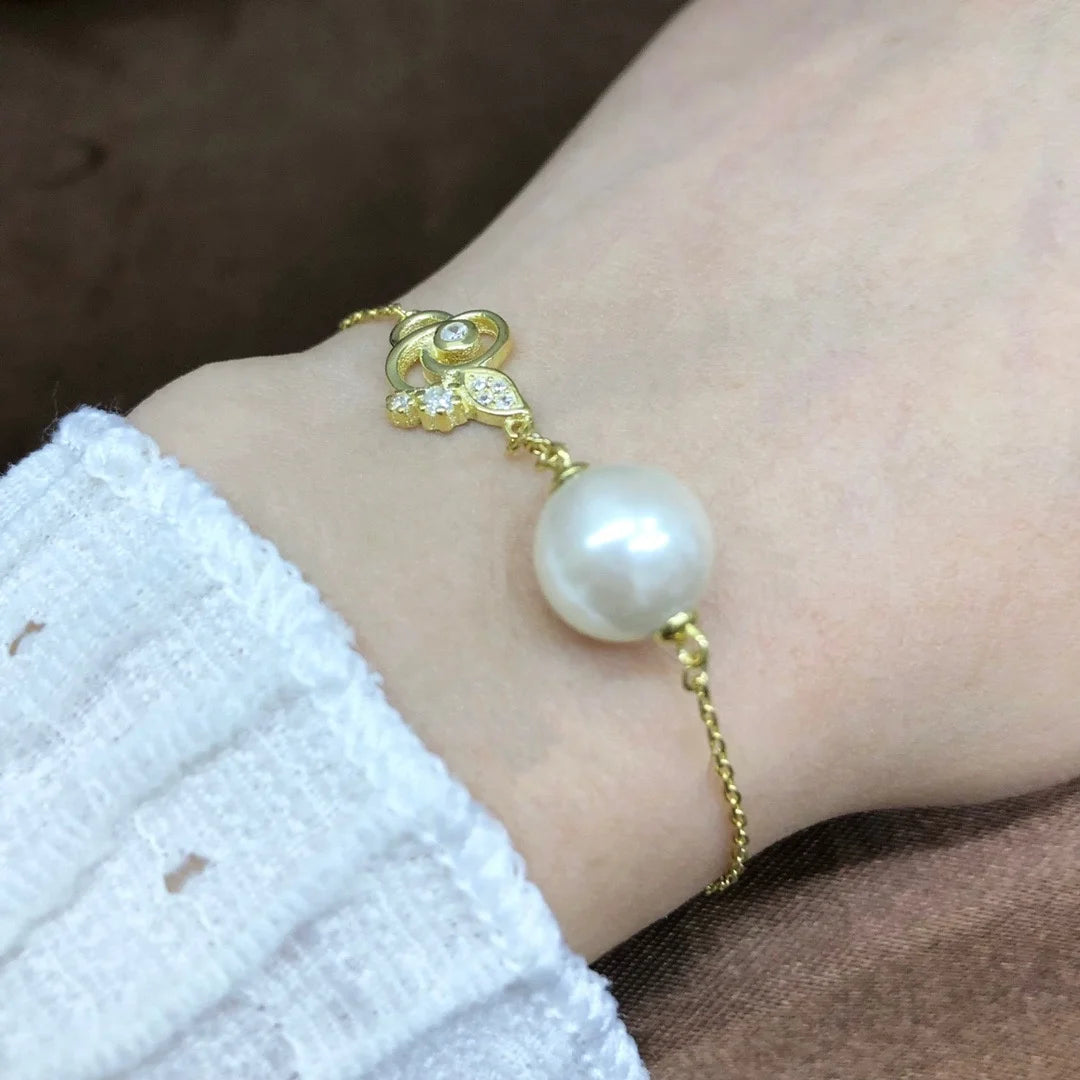 B458 8-9mm 925 Sterling Silver Gold Plated Wholesale Freshwater Pearl Charm Bracelet  Bangle Fancy Jewelry for Women