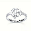 Huitan S925 Cat and Moon "I Love You Forever" Letter Design Sterling Silver Adjustable Rings for Engagement Women Opening Rings
