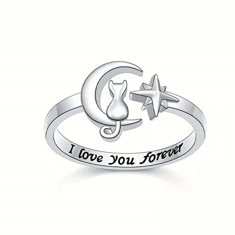 Huitan S925 Cat and Moon "I Love You Forever" Letter Design Sterling Silver Adjustable Rings for Engagement Women Opening Rings