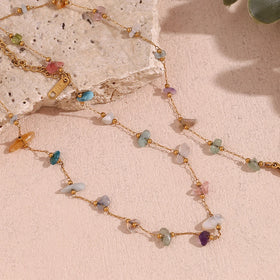 Spring 2025 Fashion Natural Stone Colorful Beaded Choker 18k Gold Plated Stainless Steel Chain Necklace