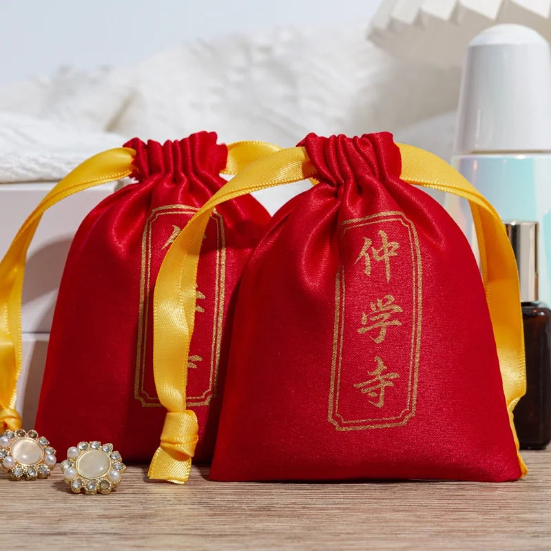 Wholesale Luxury Silk Satin Drawstring Pouch Bag Soft Custom Soft Pouch Gift Dust Bags with Ribbon for Necklace Storage Reusable
