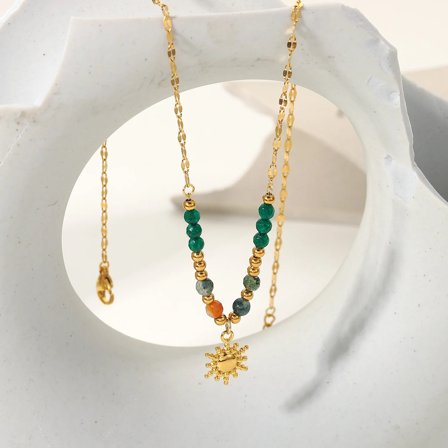 Dainty 18K Gold Stainless Steel Handmade Colorful Green Bead Natural Stones Sun Pendant Necklace