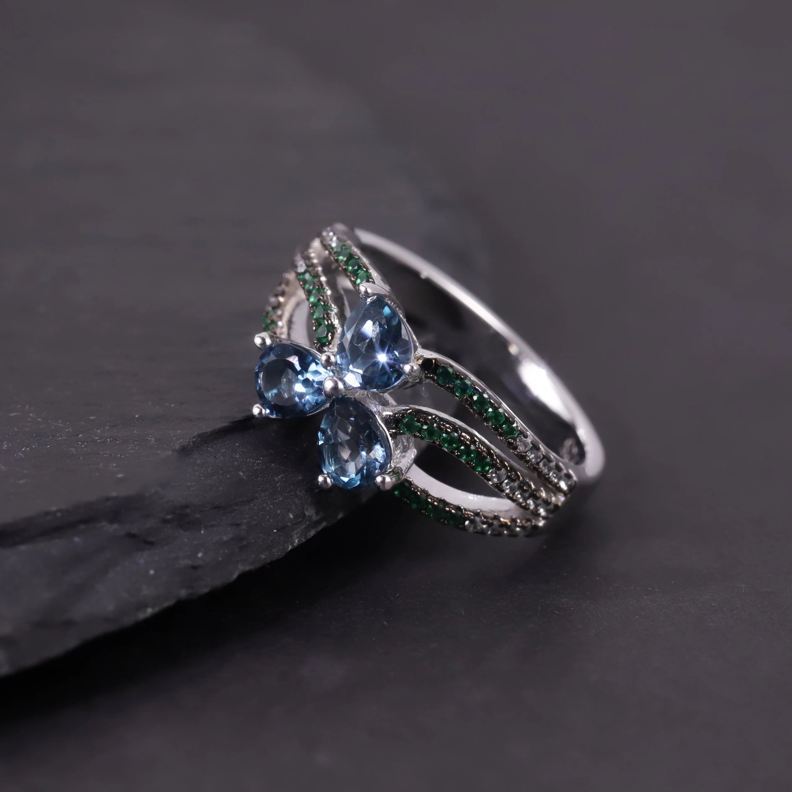 W0467 Silver Engravable Jewelry Wholesale Natural London Blue Topaz Rhodium Plated 925 Silver Ring Blue Gems Unique Ring