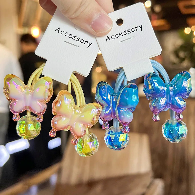 Elegant Sweet Style Sequin Butterfly Hair Ties High Elasticity Hair Bands Sets No Damage for Little Girls 2pcs/sets