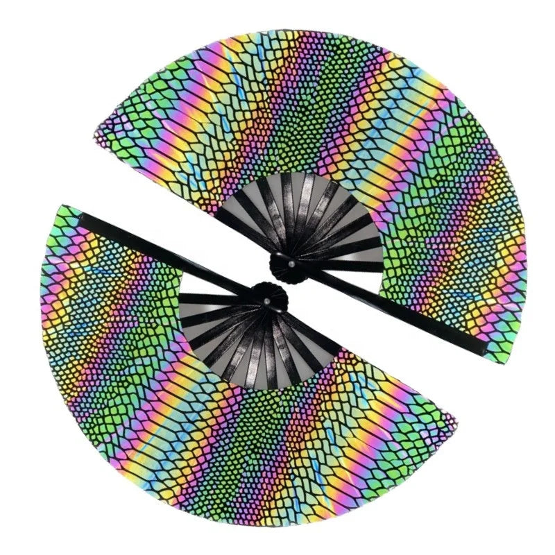 FAREA Reflective Large Clack Festival Handheld 33cm Folding Rave Chinese Bamboo Fans for Dancing Parties
