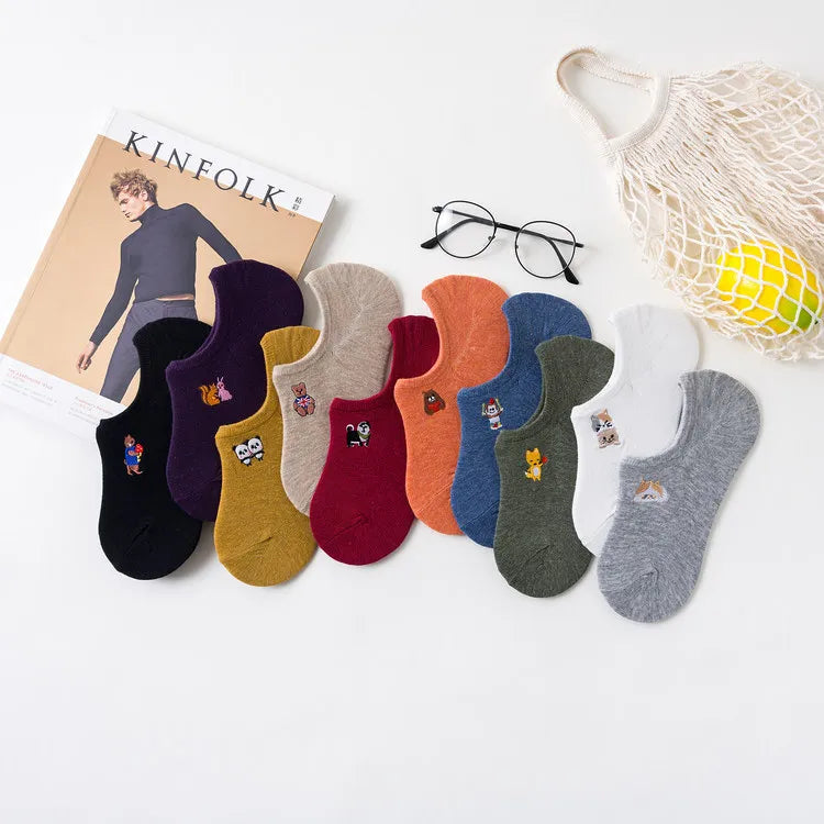 Cute Women Ankle Socks Cute Cartoons Animals Monkey Cat Bear Panda Dog Squirrel Socks Embroidery Fashion Ankle Women Socks