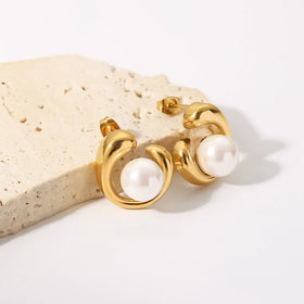 Geometric Stainless Steel PVD 18K Gold Plated White Pearl Earrings Piecing Jewelry for Women