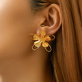 Europe America Ladies Brass 18K Gold Plated Statement Earrings Retro Metallic Handmade Winding Large Flower Stud Earrings Women