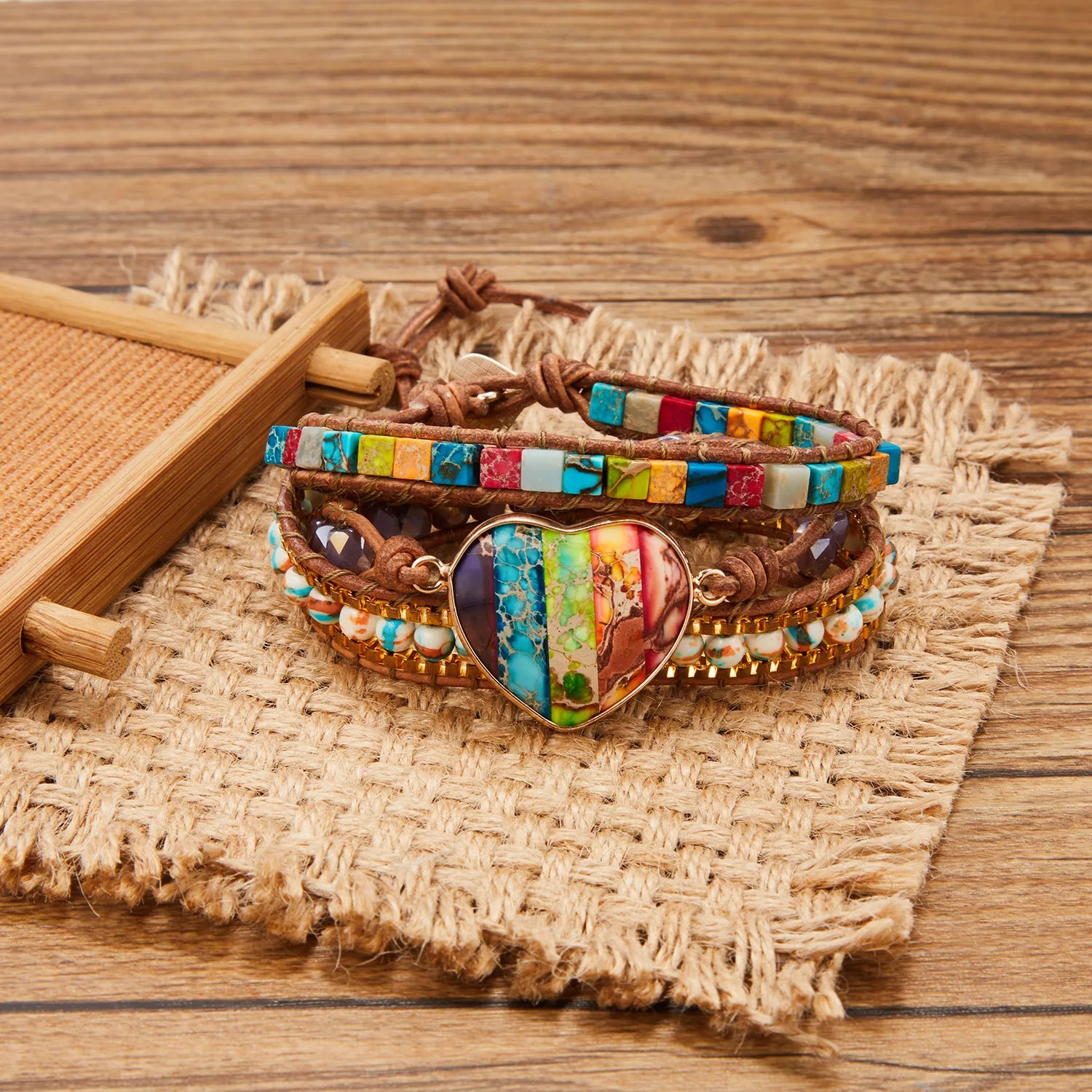 Colored Natural King Stone Multi Layer Leather Braided Heart Charm Women Bracelet