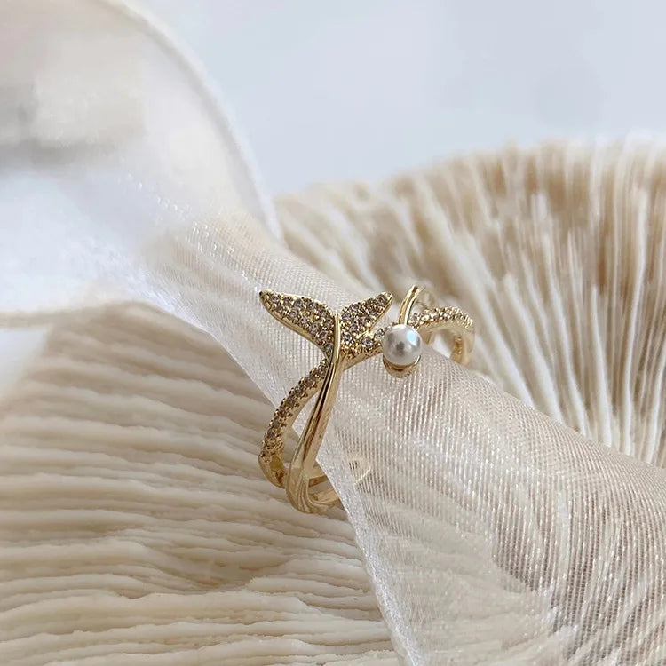 Cute Elegant Pure 925 Sterling Silver Mermaid Tail Pearl Engagement Finger Rings for Women Girls Fine Jewelry