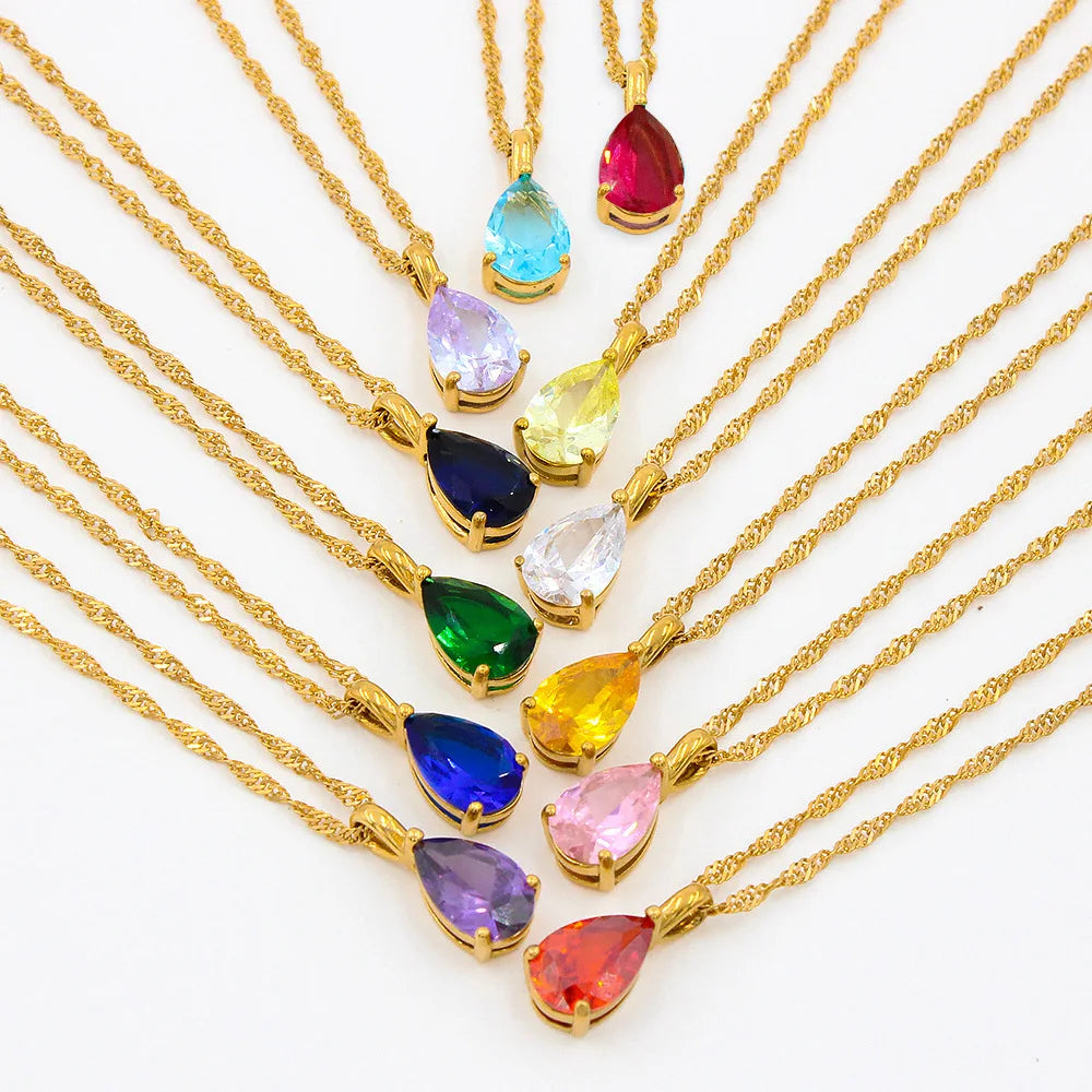 Dainty Jewelry Plated Chain Stainless Steel Waterdrop Birthstone Zircon Crystal Pendant Necklace Gold for Women 18k Necklaces
