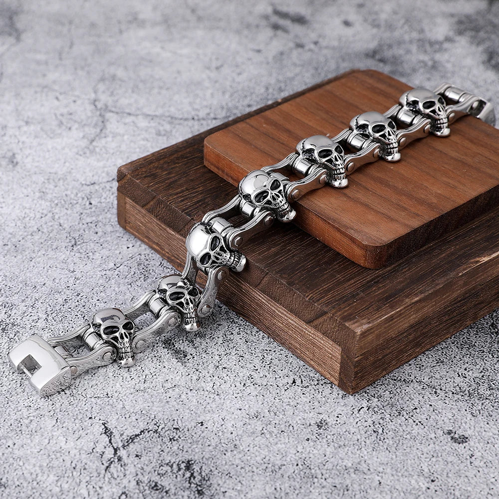 Wholesale Punk Silver Domineering Bike Chain Skull Bracelet Hip Hop Motorcycle Chain Skull Jewelry