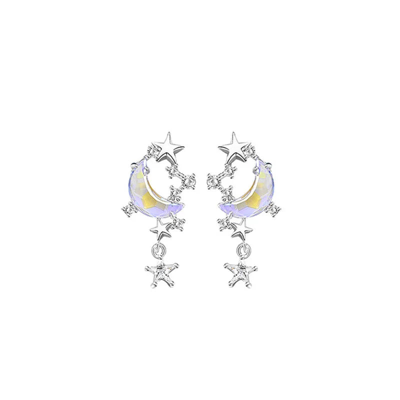 Delicate 925 Sterling Silver Earring Hypoallergenic Moon Star Moonstone Zircon Platinum Plated Women Dainty Fashion Earrings
