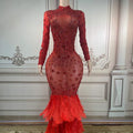 Evening Dress Crystal Mesh Maxi Feather Rhinestone Long Sleeve for Elegant Party