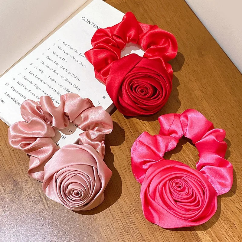 Wholesale Retro Gentle Designer Korean Large Satin Rose Flower Silk Scrunchies