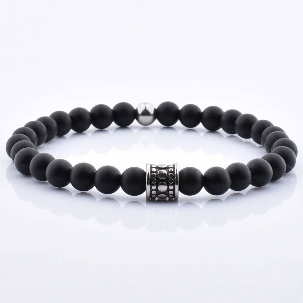 Fashionable Trendy Men's Wedding Anniversary Gift Black Onyx Stretch Silver Charm Bead Bracelet