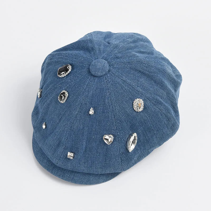 2023 Summer New Korean Fashion Diamond Jewelry Encrusted Custom Beret Vintage Washed Denim Jean Blue Beret Cap Hat for Women