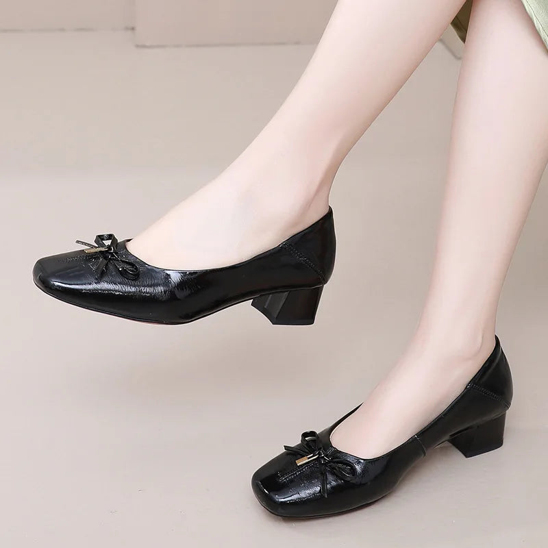 New Spring Summer French Style Chunky Heeled Genuine Leather Shoes with Wrinkled Patent Leather for Women