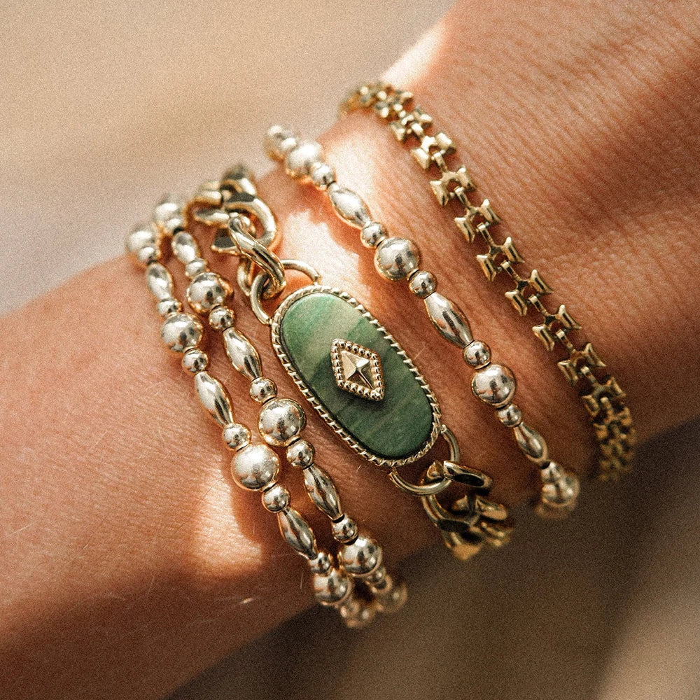 Waterproof Jewelry 18K Gold Plated Oval Geometric Round Bead Chain Natural Stone Charm Bracelet