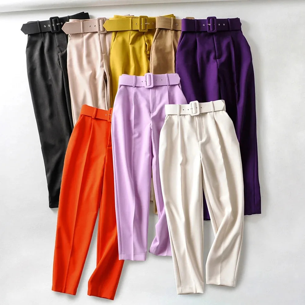 Black Suit Pants Women High Waist Sashes Pockets Office Ladies Fashion Middle Aged pink Yellow Casual Pants Women's With Belt