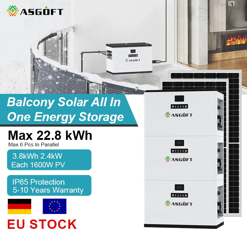 ASGOFT Germany Stock 3.8kwh 2.4kw Hybrid Balcony Solar Energy Storage System Balcony 51.2V 72ah Lithium Ion Battery for Home Use