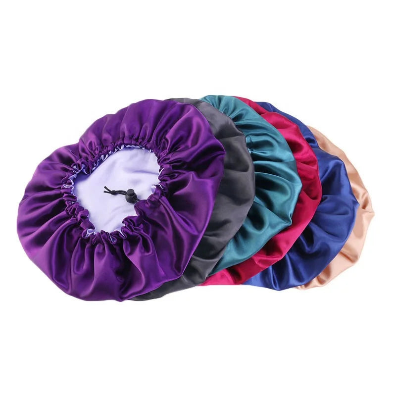 Custom Logo Bling Black 100% Silk Satin Adjustable Hair Bonnet Women Sleeping Cap 34CM European & American Style