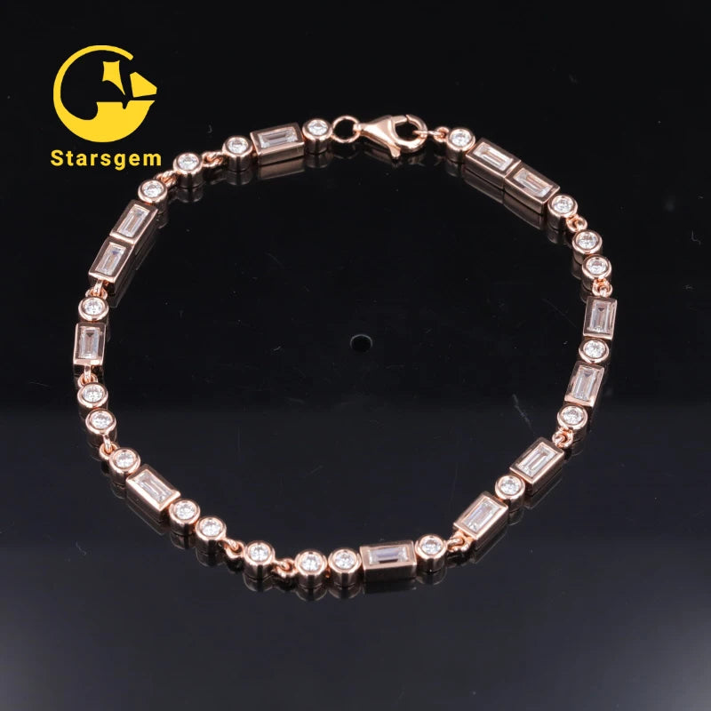 Starsgem Fine Jewelry 14K Rose Gold 4*2 baguette  Synthetic Moissanite Tennis Bracelet Mossinate Diamond Chain Charm Bracelet