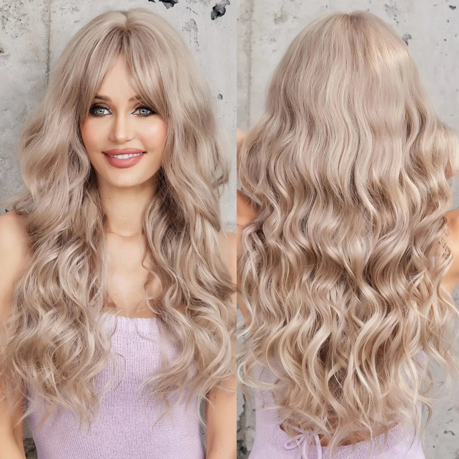 Long Wavy Synthetic Wigs Light Blonde Wigs for Women With Bangs Natural Hairline Heat Resistant Fiber Wig Daily Party