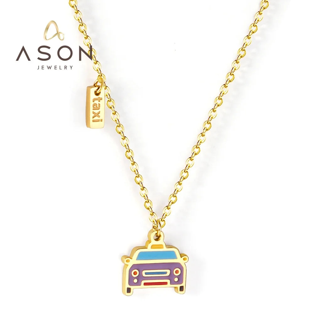 Ason Fashion Jewelry Mixed Color Car 18k Gold Plated Children Necklace Stainless Steel Taxi Shape Letter Charm Pendant Necklace