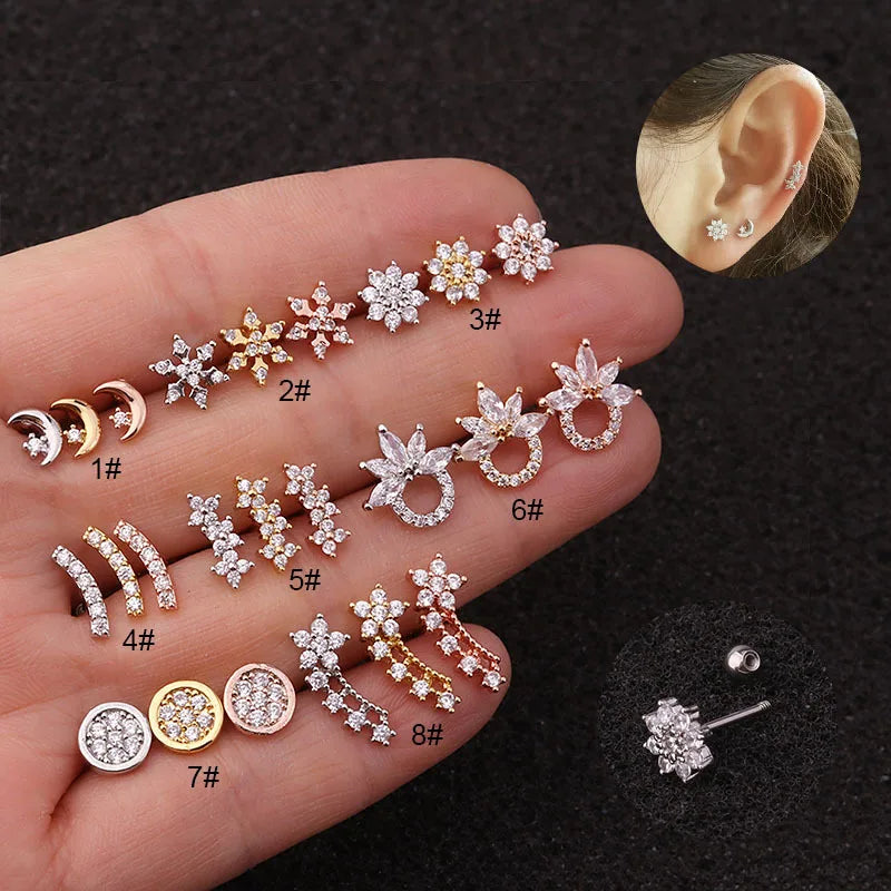 Anti-Allergic Cartilage Zircon Cz Stone Surgical Stainless Steel Tiny Ear Studs Piercings Earrings Set for Girls