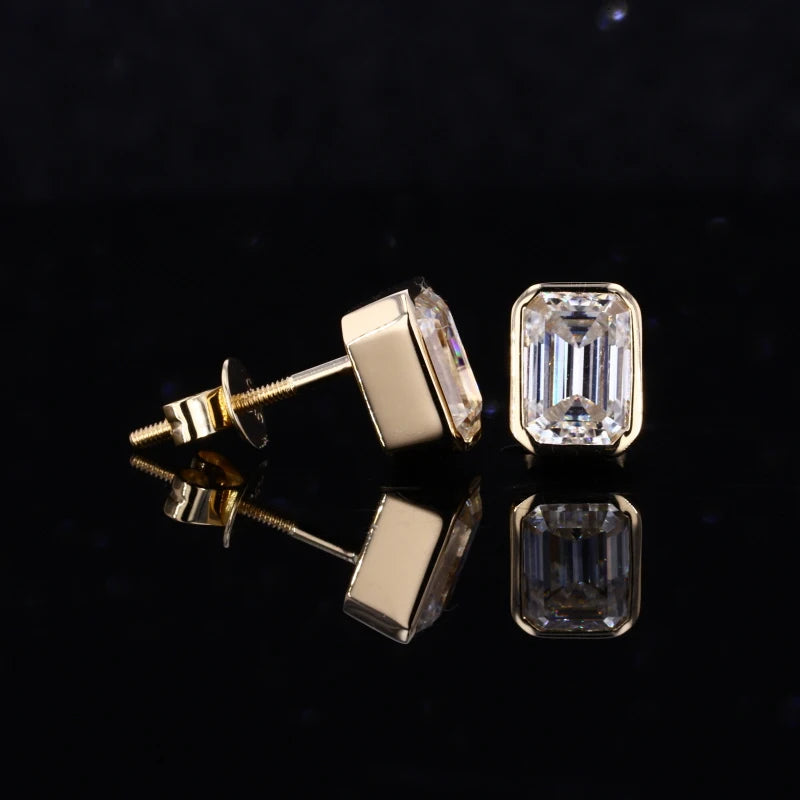 Gorgeous Special Cutting Emerald Moissanite Stone 14k Yellow Gold Stud Earring