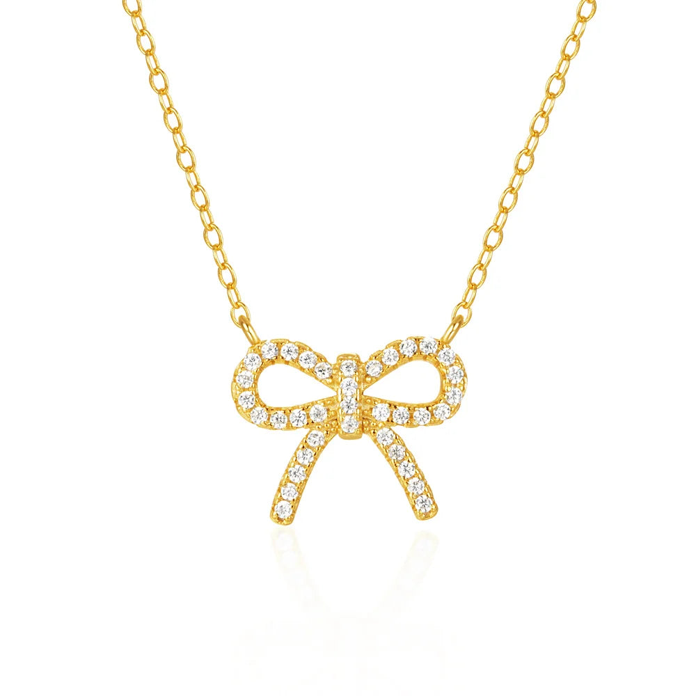 Fashion Minimalist Jewelry 925 Sterling Silver Bow Knot Gold Plated Necklaces for Women Mother's Valentine's Day Gift