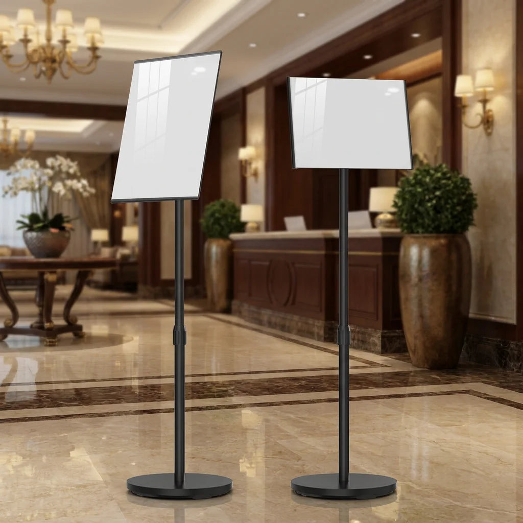 Heavy Duty Adjustable Pedestal Sign Holder Aluminum Floor Stand Metal Poster Frame for Hotel Lobby Menu Display