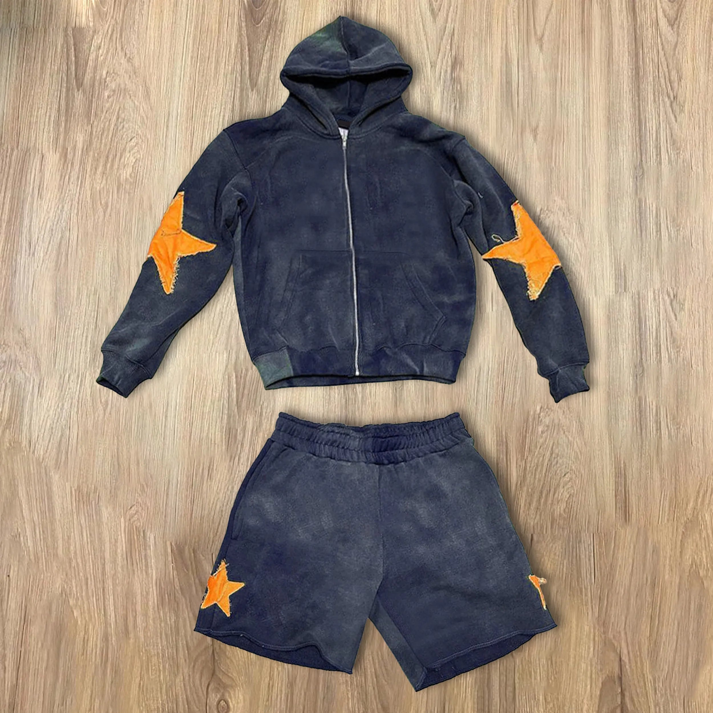 Cotton Cropped Raw Hem Embroidery Sweatsuit Heavyweight Acid Washed Shorts Sweatpants and Hoodie Sets