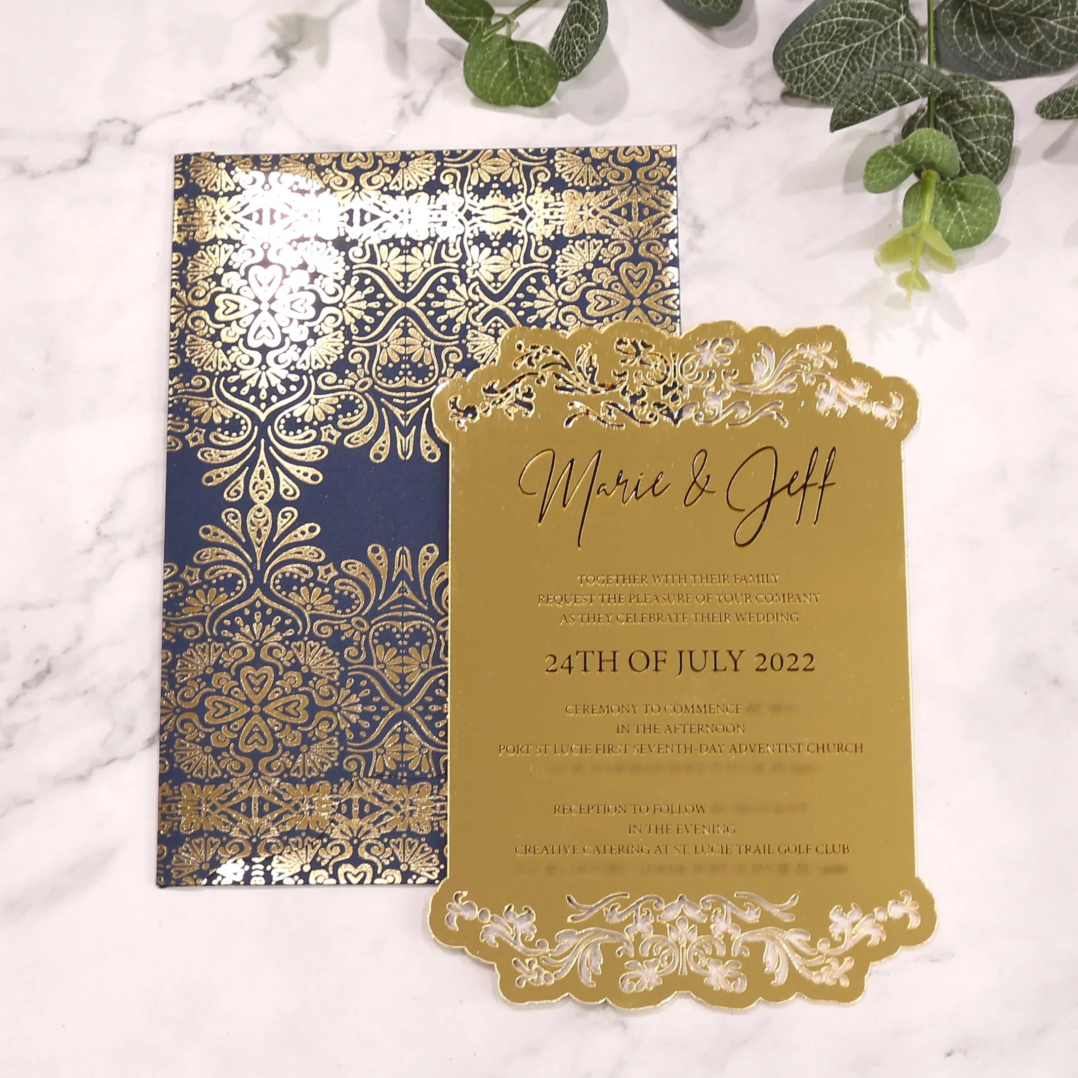 Premium DIY Craft Wedding Birthday Invitation Cards Black Foil Printed Laser Cut Gold Mirror Acrylic Creative Paper Envelopes