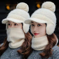 2pcs Set Fashion Thickening Hat Collars Outdoor Warm Beanie Hat Fur Pompom Ball Ski Caps Winter Women Knitted Hat Scarf Set