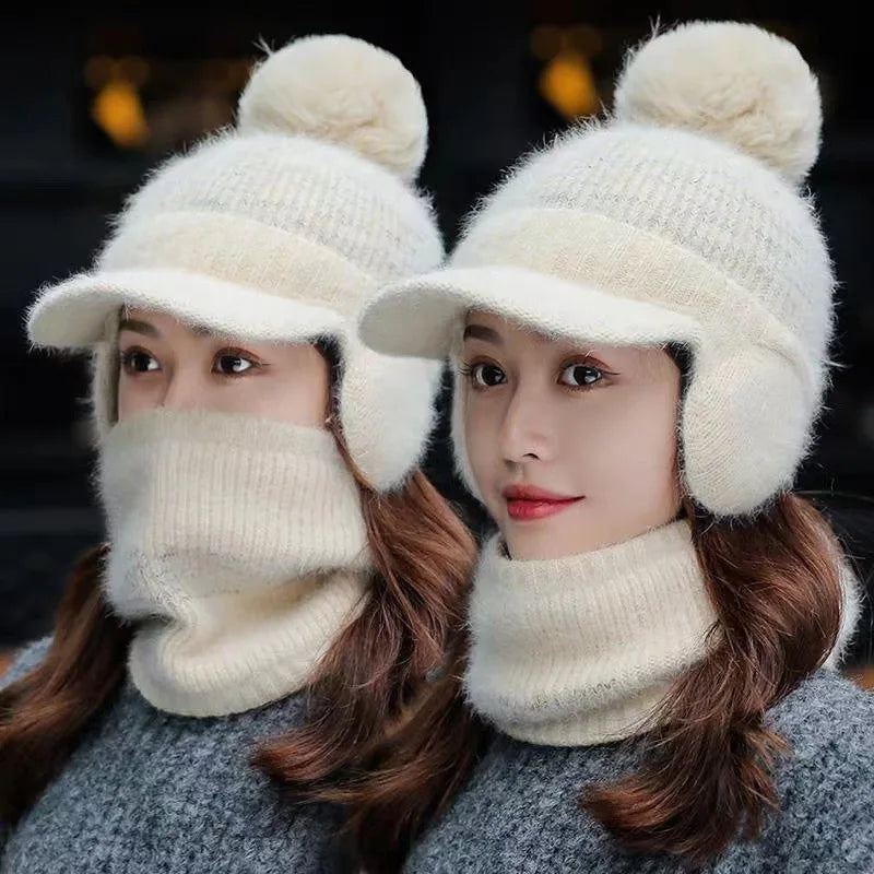 2pcs Set Fashion Thickening Hat Collars Outdoor Warm Beanie Hat Fur Pompom Ball Ski Caps Winter Women Knitted Hat Scarf Set