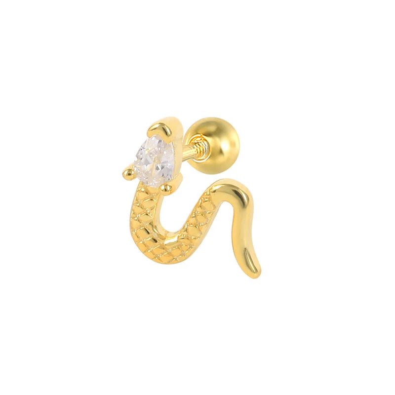 925 Sterling Silver Gold Plated Fine Stud Earrings with ZIRCON Snake Design and Perforation Puncture Thread Ear Nail Piercings