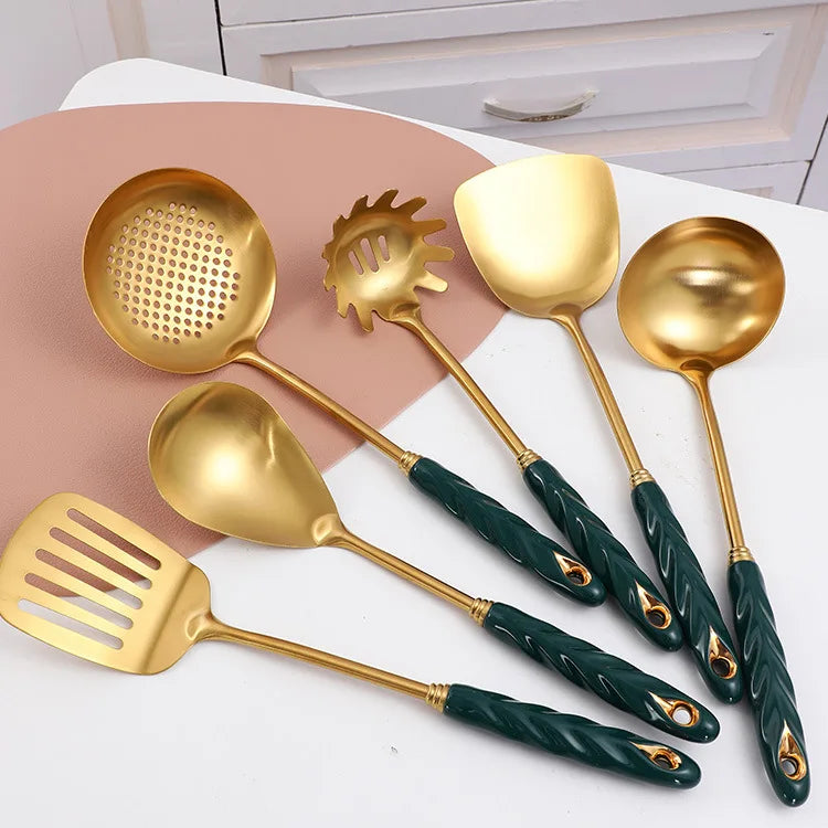 Tableware High-end Ceramic Handle Set Kitchenware 304 Stainless Steel Spoon Soup Spoon Strainer Oil Spoon Kitchen Utensils