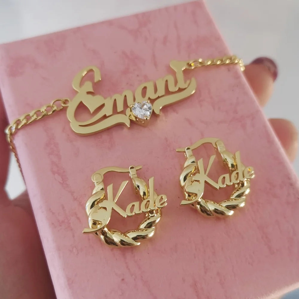 Qiuhan Stainless Steel Kids Custom Name Letter Heart Zircon Necklace 18mm Twist Hoop Mini Earrings Jewelry Set