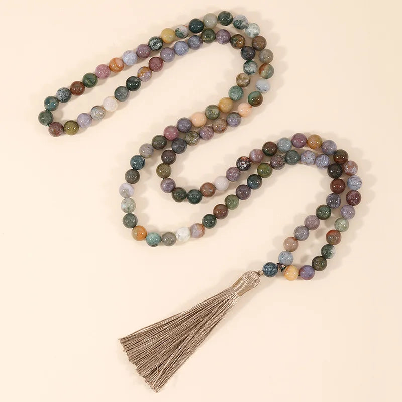 Bohemian Mala 108 Beaded Necklaces Women Jewelry Handwoven Long Tassel Indian Agate Stone Beaded Yoga Necklaces Unisex