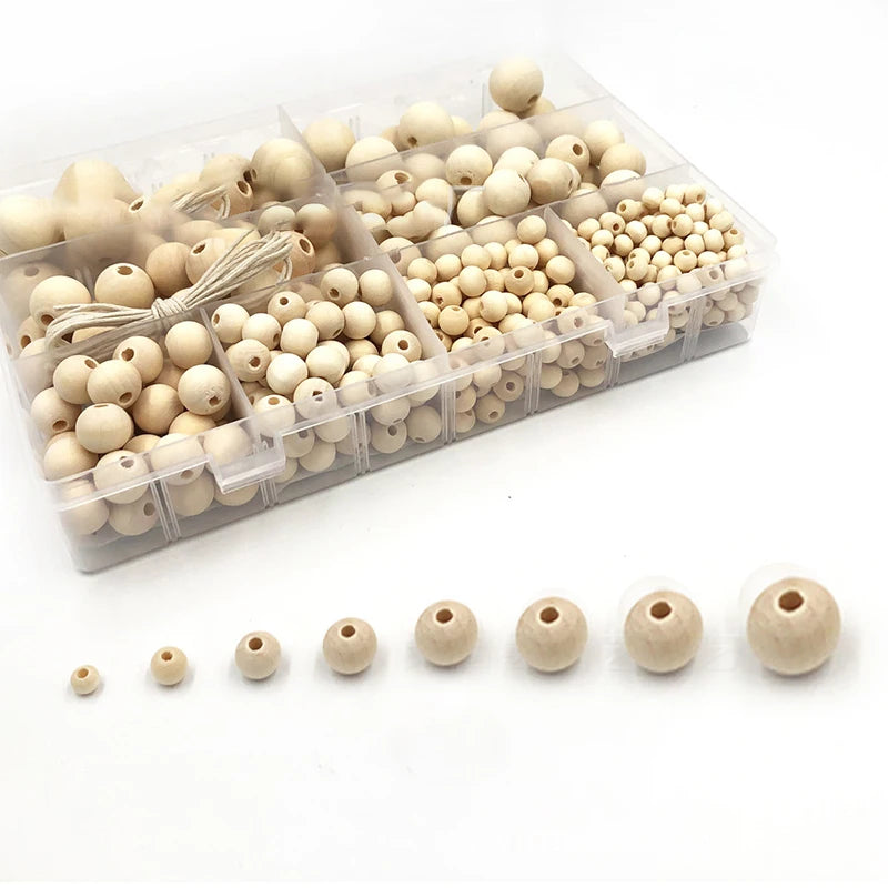 485pcs Mulit Size  Round Wood Beads with Plastic Box and String for Jewelry Making