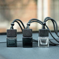 Luxury 8ML 10ml Empty Cube Glass Car Perfume Bottle Hanging Wood Cap Refillable clear Matte Black square Car air Diffuser Bottle