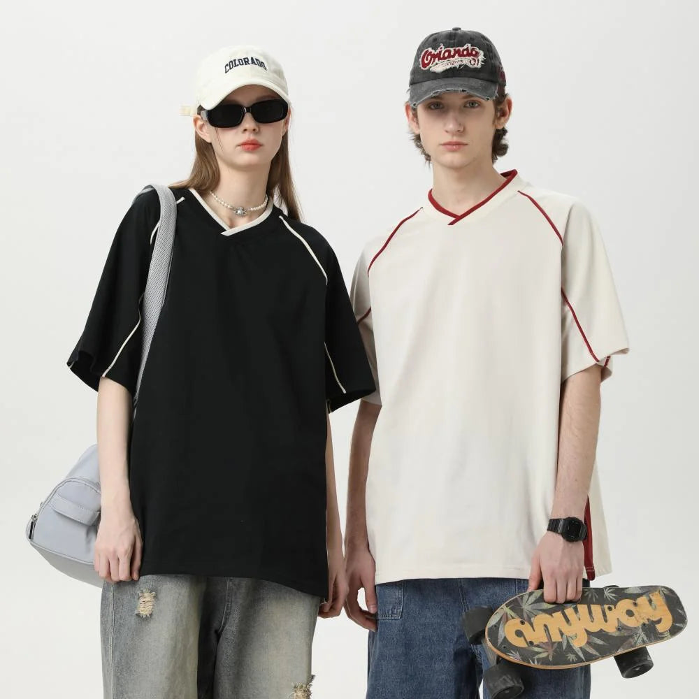 Wholesale Retro American Style 260g Short-sleeved T-shirt Contrasting Lines Brand Oversized V-neck Men's Tshirts