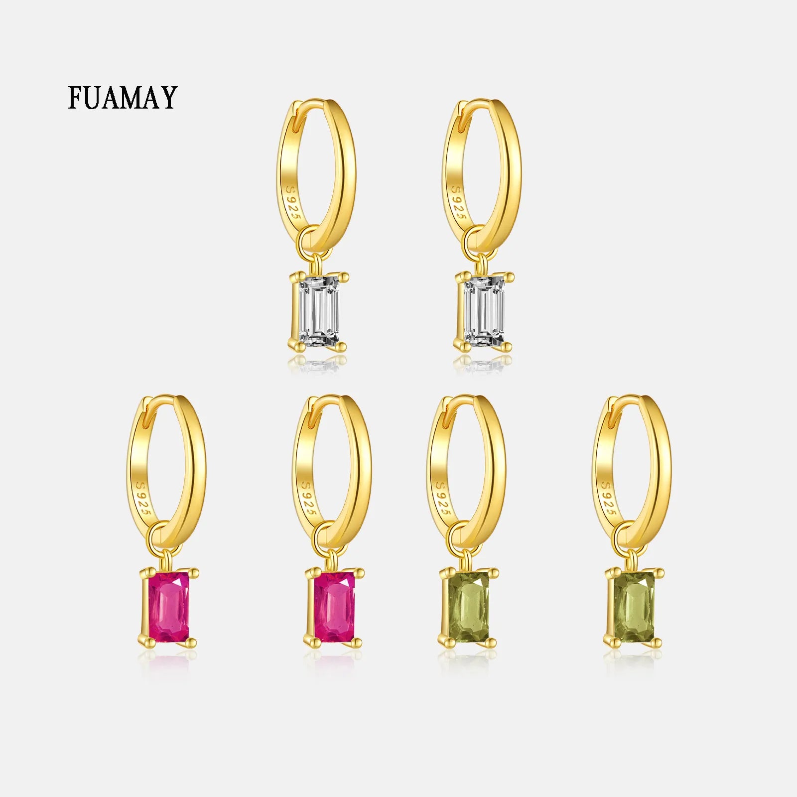 FUAMAY Luxury Rose Pink Baguette Diamond Earrings 18K Gold Plated Drop Designs for Women Trendy Zircon for Weddings Parties