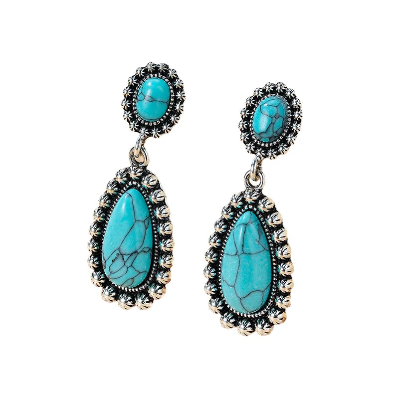 Antique Silver Plated Turquoise Waterdrop Dangle Earrings Boho Style Pendant Party Gift Factory Wholesale Vintage Statement