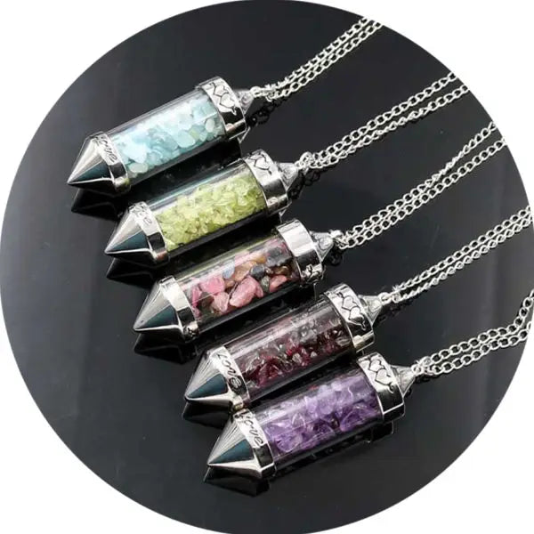 Stone Chip Wish Bottle Pendant with Necklace for Unisex 7 Chakra Stones Chain Pyramid Point Pendulum Healing Dowsing Reiki
