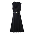 ZATRHMBM Autumn Women's Clothing 2025 New Fashion With Belt Splicing Midi Dress Retro Casual Sleeveless V-neck Women's Dress