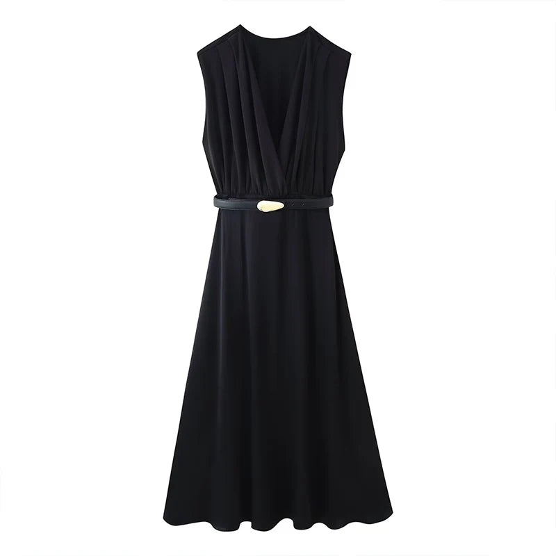 ZATRHMBM Autumn Women's Clothing 2025 New Fashion With Belt Splicing Midi Dress Retro Casual Sleeveless V-neck Women's Dress