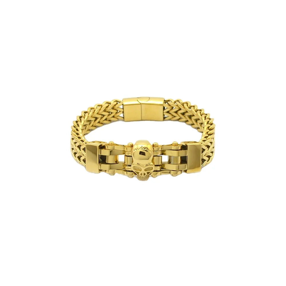 Professional Manufacturer's Wholesale Stainless Steel Gold Skull Head Button Charm Bangle Punk Style Bracelet Accessories